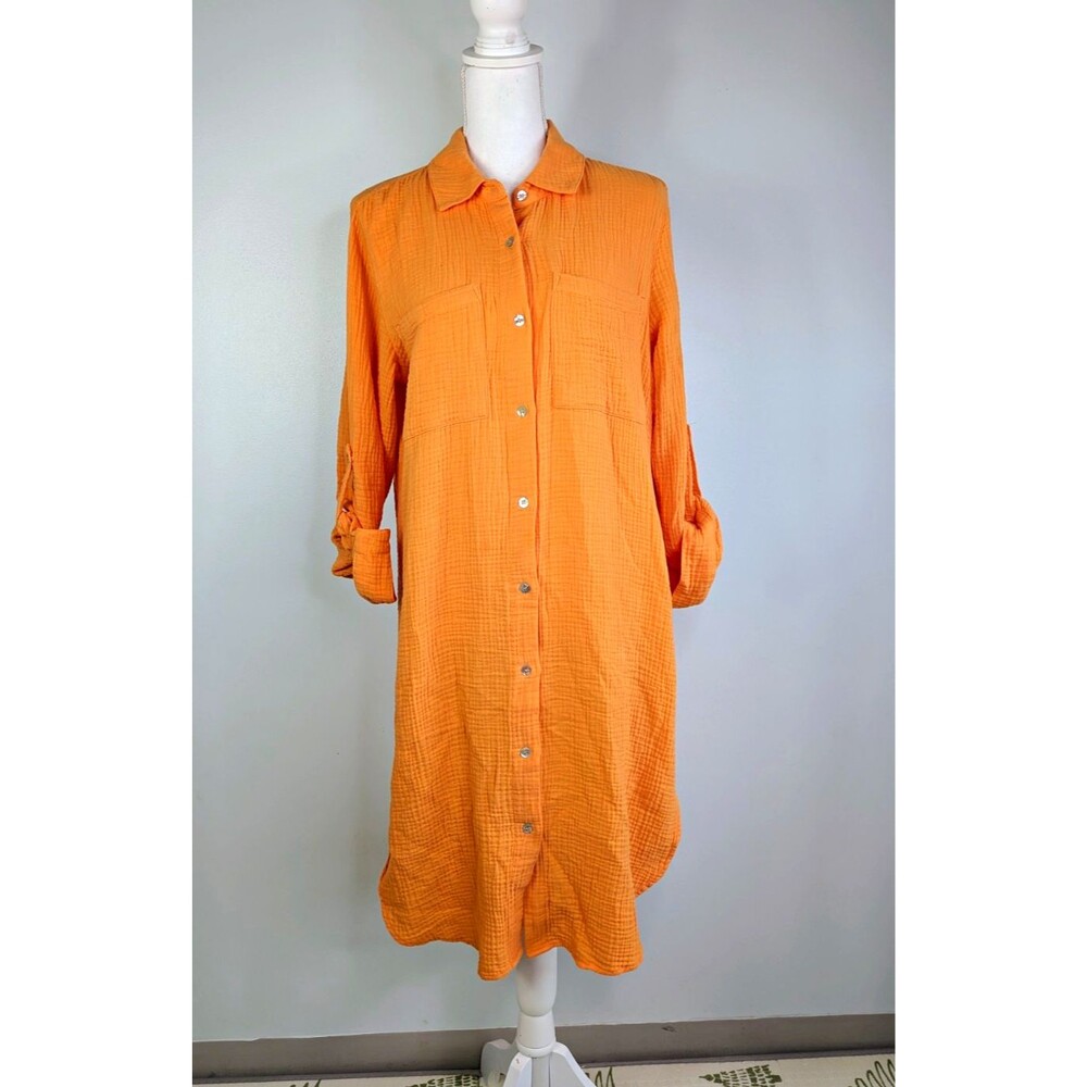 Magaschoni Orange Organic Cotton Shirt Dress L Dopamine Resort Roll Sleeve Midi
